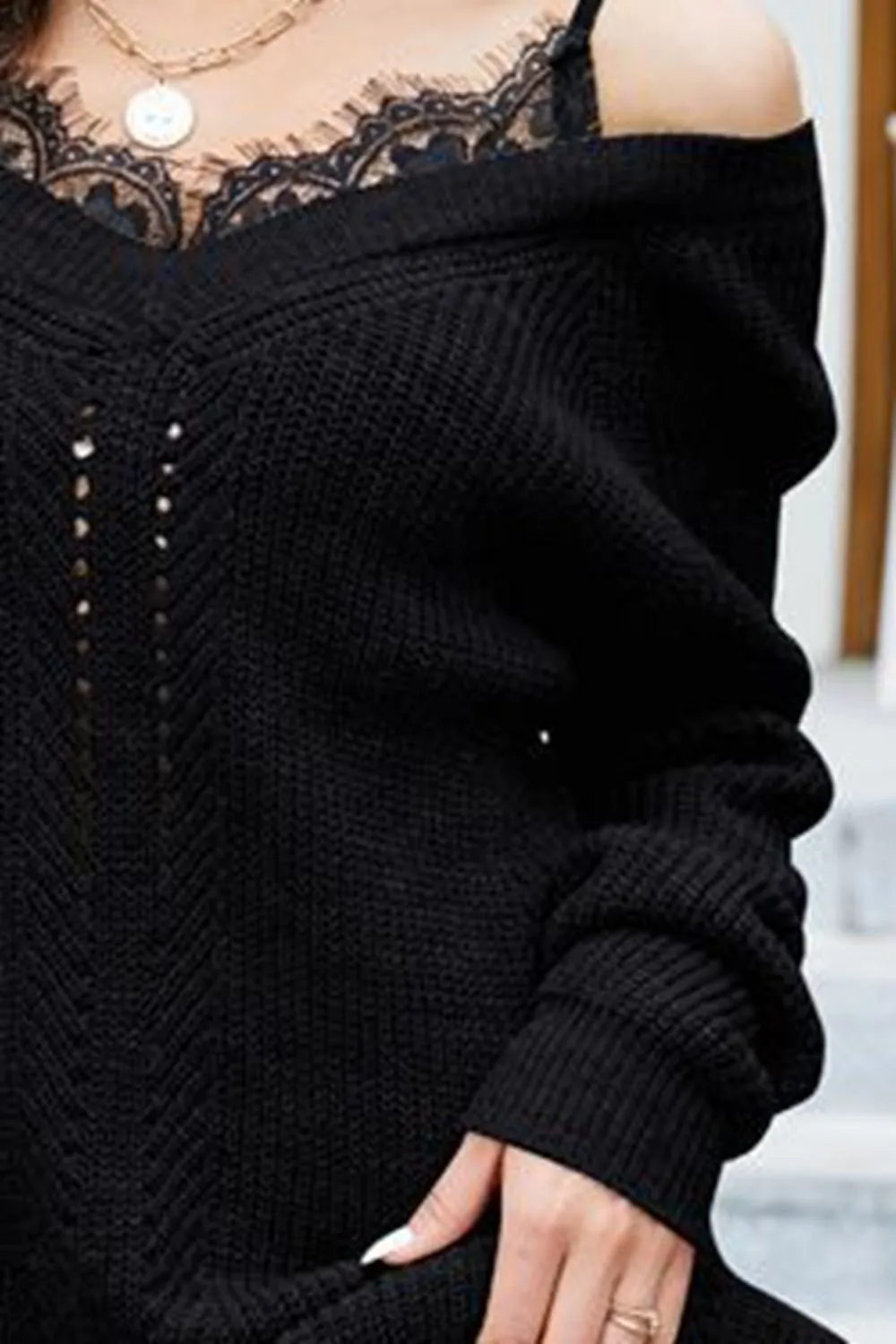 Openwork V-Neck Long Sleeve Sweater, image 9