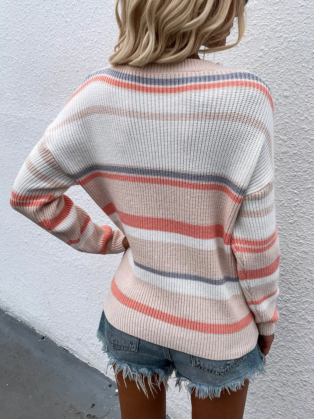 Striped Drop Shoulder Round Neck Pullover Sweater, image 4