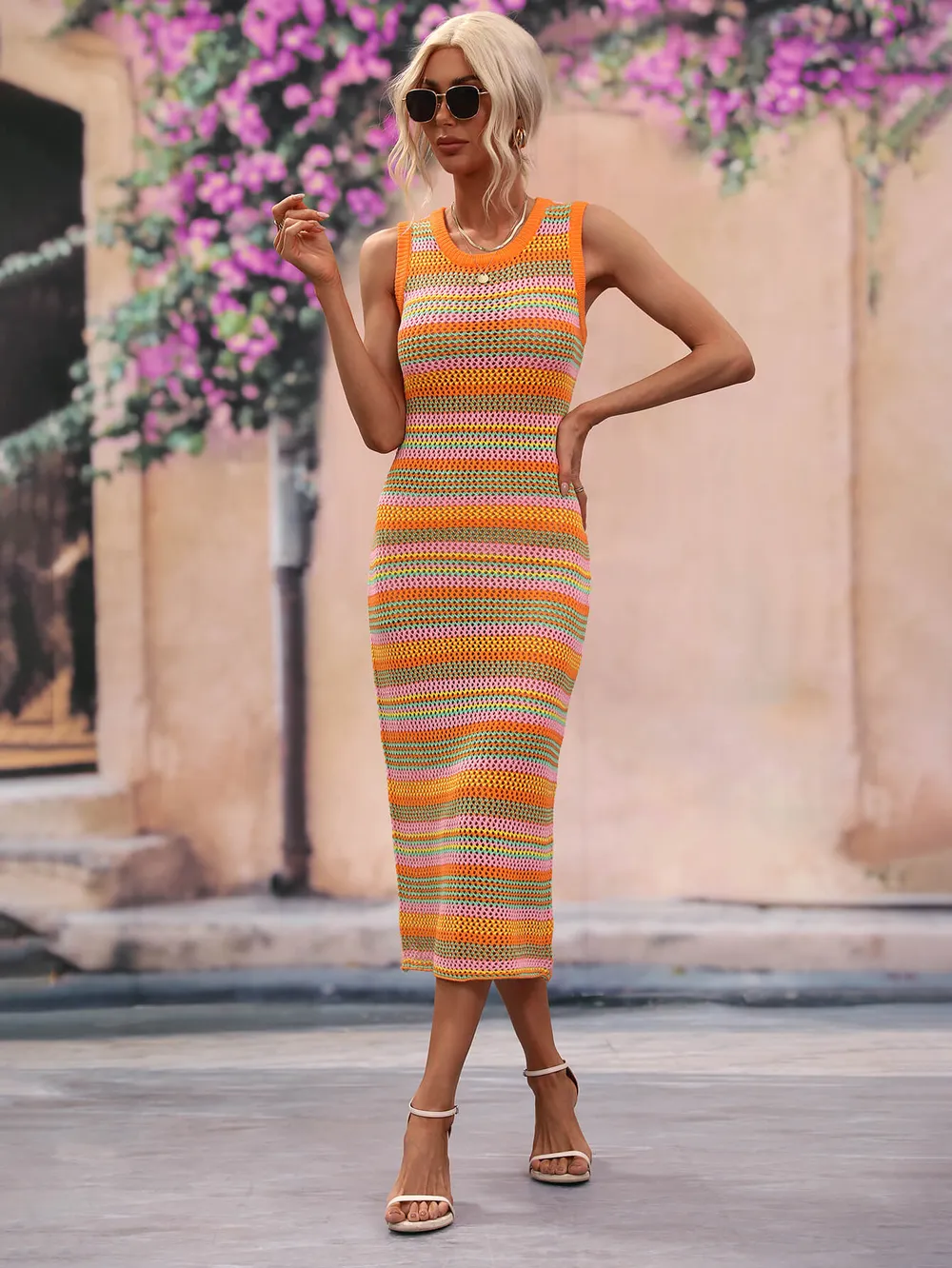 Striped Round Neck Sleeveless Midi Cover Up Dress, image 7