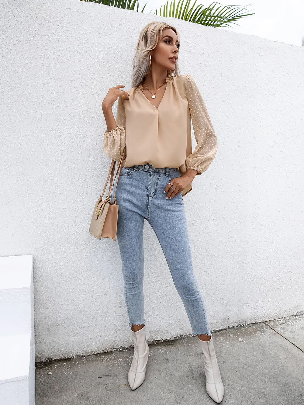 Swiss Dot Frill Trim Puff Sleeve Blouse, image 15