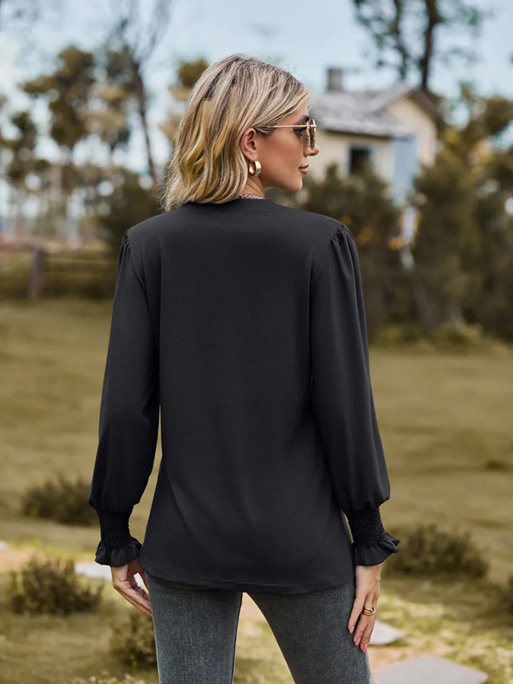 Notched Neck Flounce Sleeve Blouse, image 3