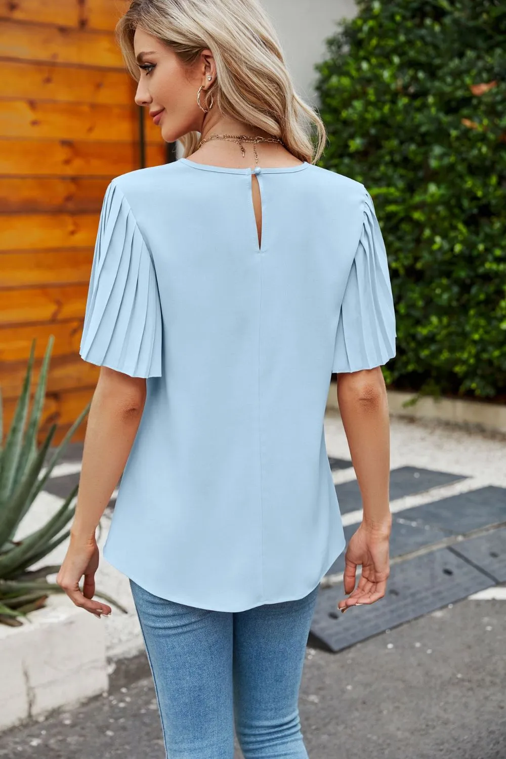 Pleated Flutter Sleeve Round Neck Blouse, image 6