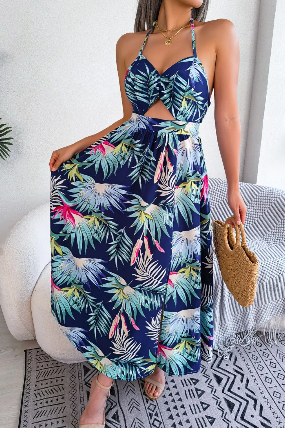 Botanical Print Tied Backless Cutout Slit Dress, image 7
