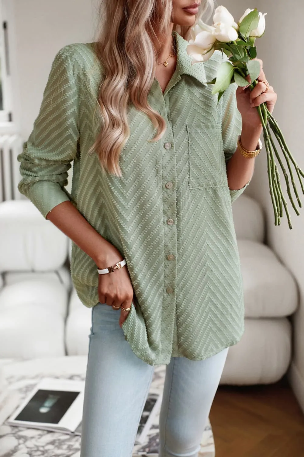 Collared Neck Long Sleeve Pocketed Shirt, image 8
