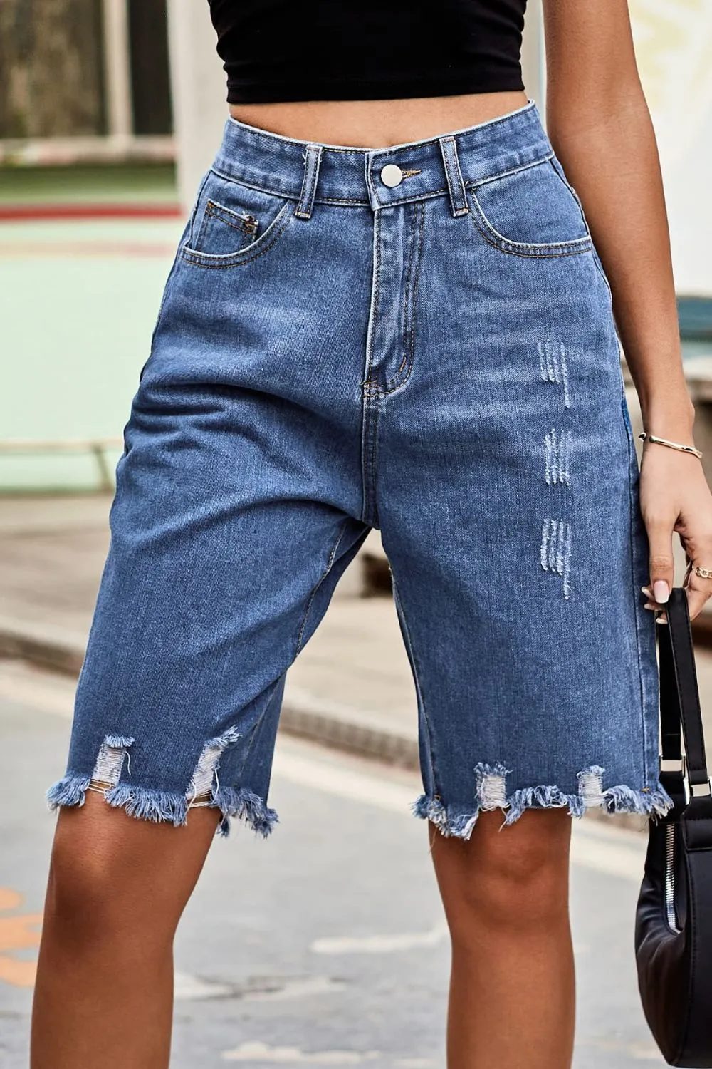 Raw Hem High Waist Denim Shorts with Pockets, image 2