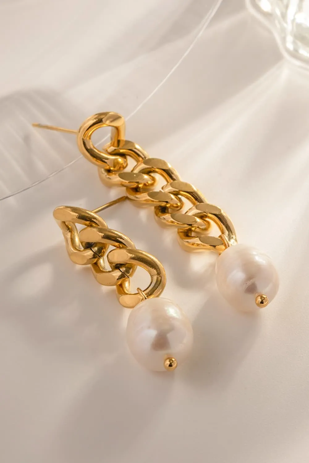 Stainless Steel Pearl Asymmetrical Earrings, image 4