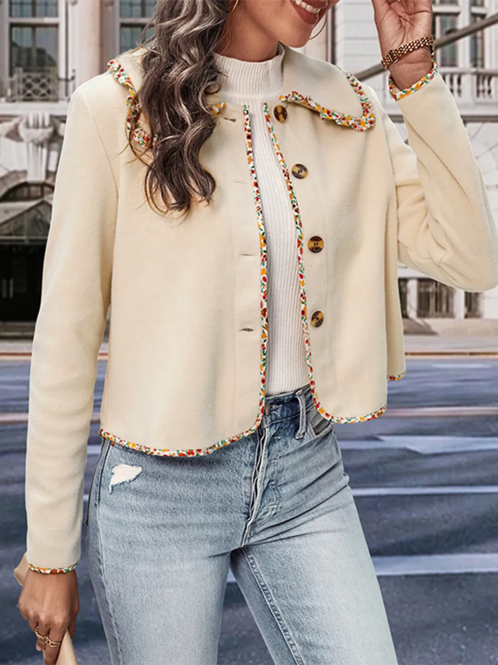Collared Neck Button-Down Long Sleeve Jacket, image 3