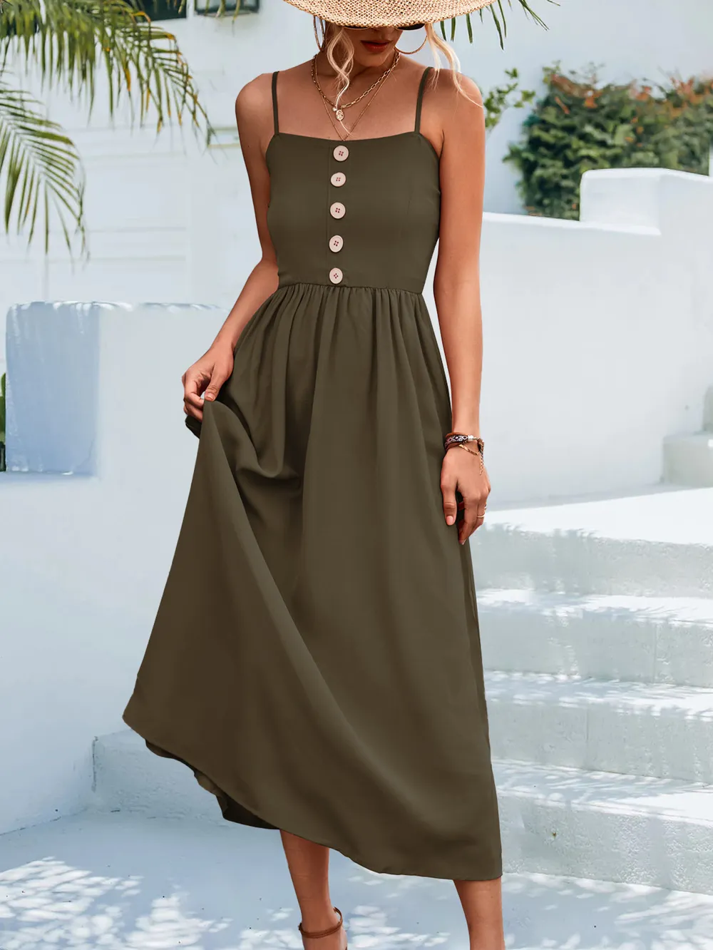 Decorative Button Spaghetti Strap Midi Dress, image 10