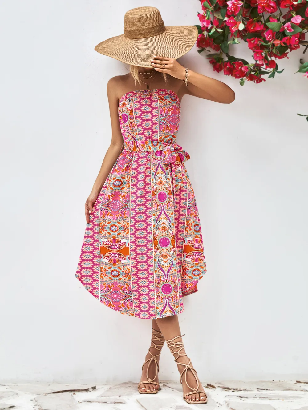 Printed Strapless Tie Belt Dress, image 4