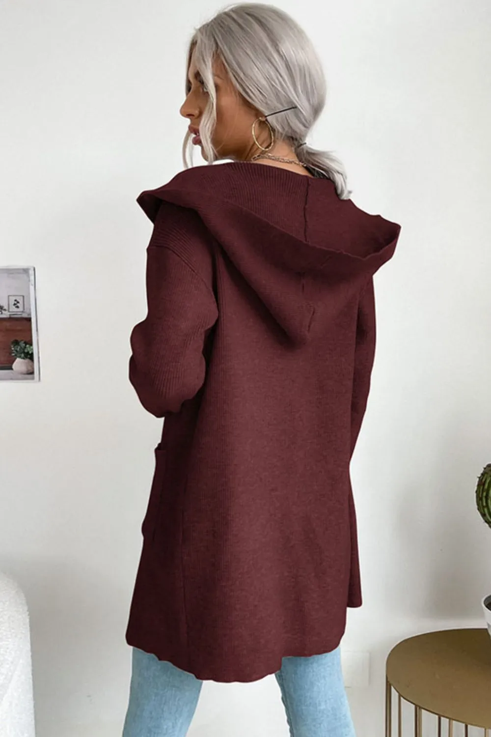 Ribbed Open Front Hooded Cardigan with Pockets, image 2