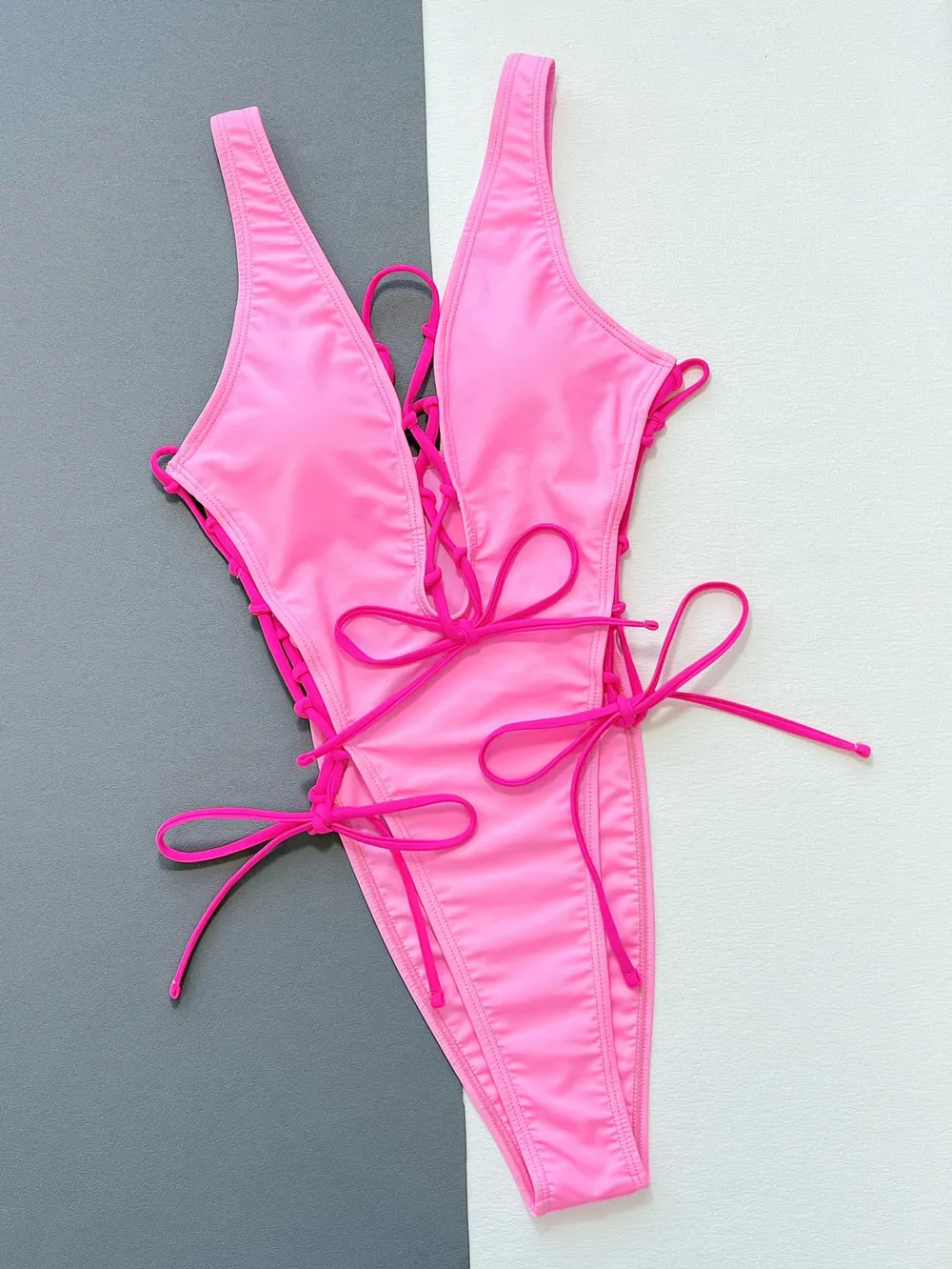 Lace-Up Deep V Sleeveless One-Piece Swimsuit, image 4