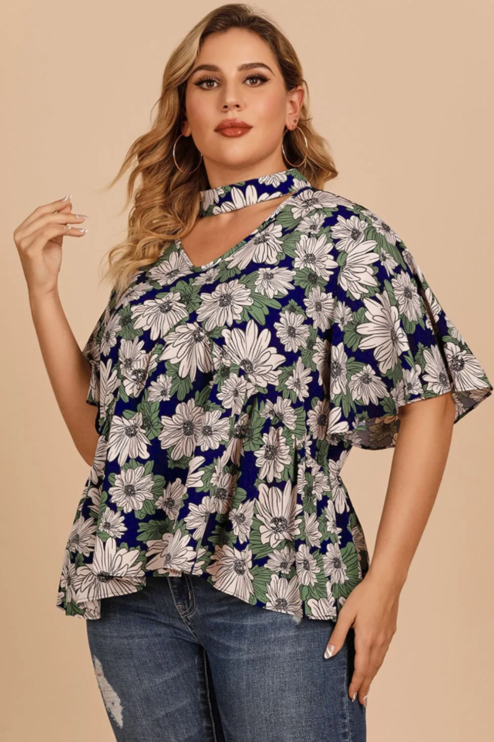 Plus Size Floral Flutter Sleeve Cutout Blouse, image 2