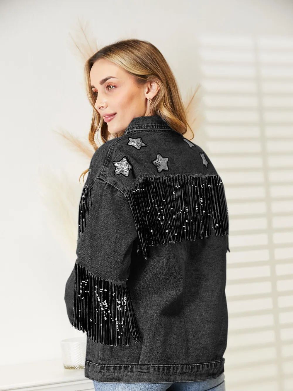 Fringe Detail Long Sleeve Denim Jacket, image 6