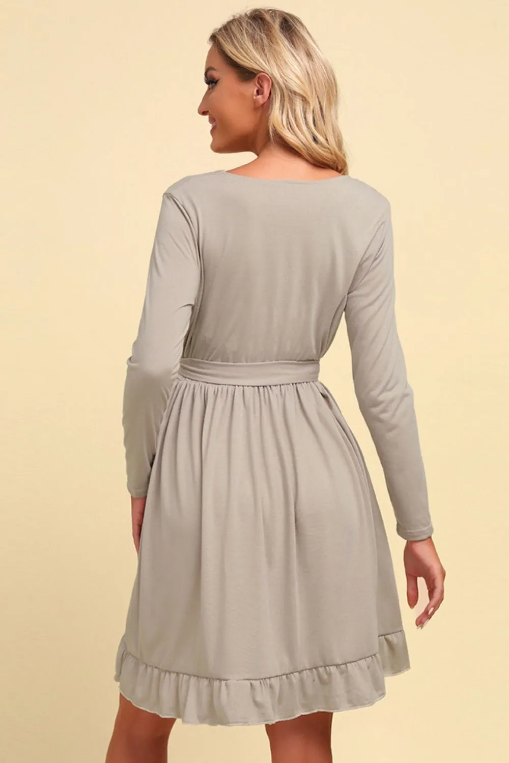 Long Sleeve Tie Waist Ruffle Hem Dress, image 2