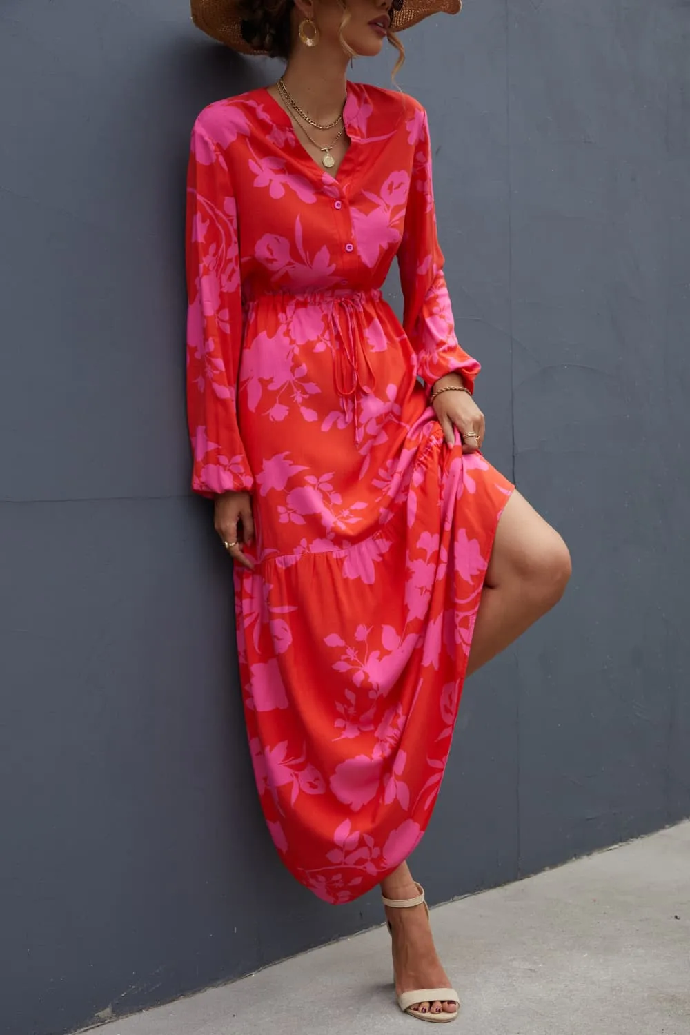 Floral Drawstring Waist Long Sleeve Dress, image 2