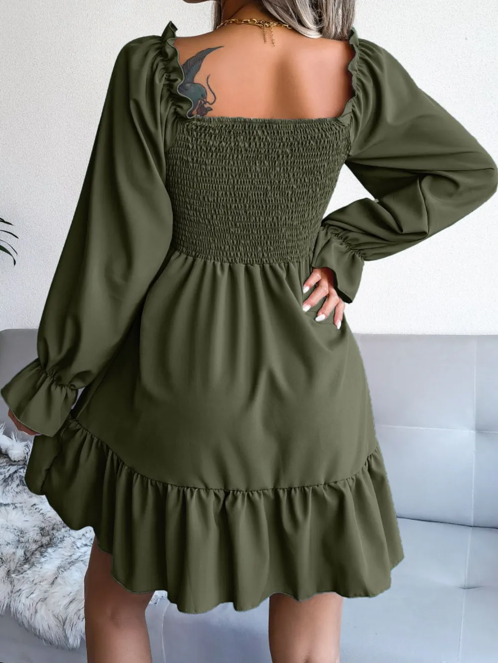 Smocked Flounce Sleeve Square Neck Dress, image 3