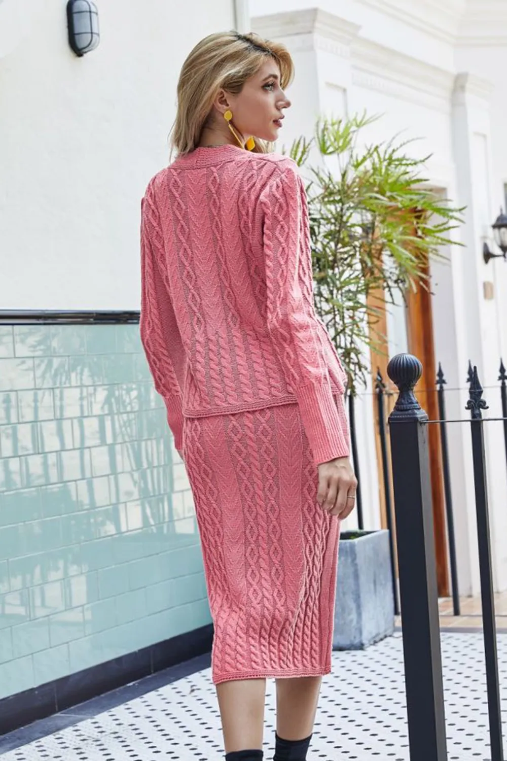 Mixed Knit V-Neck Cardigan and Knit Skirt Set, image 5