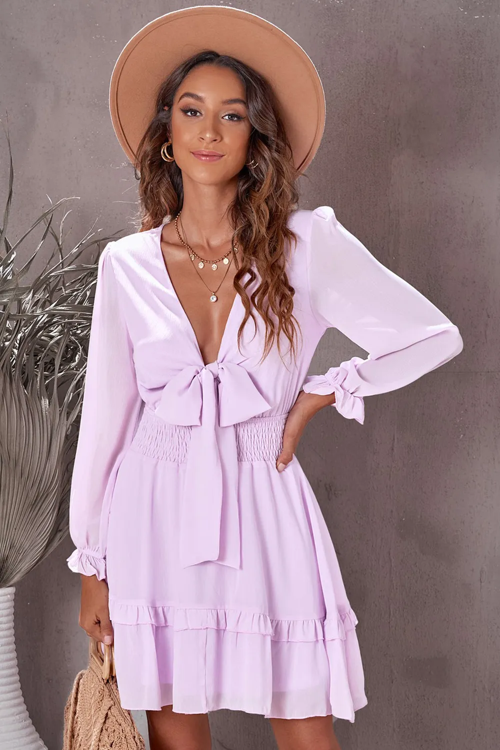 Tied Plunge Smocked Waist Flounce Sleeve Dress, image 3