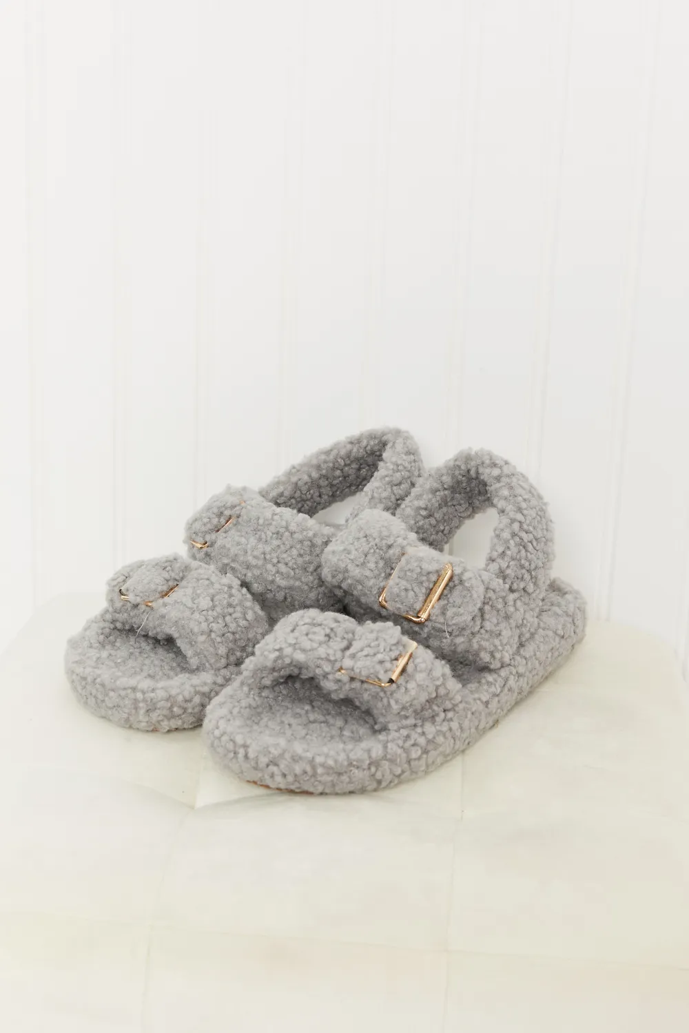 Cozy Atmosphere Faux Fur Buckled Sandals in Grey, image 3