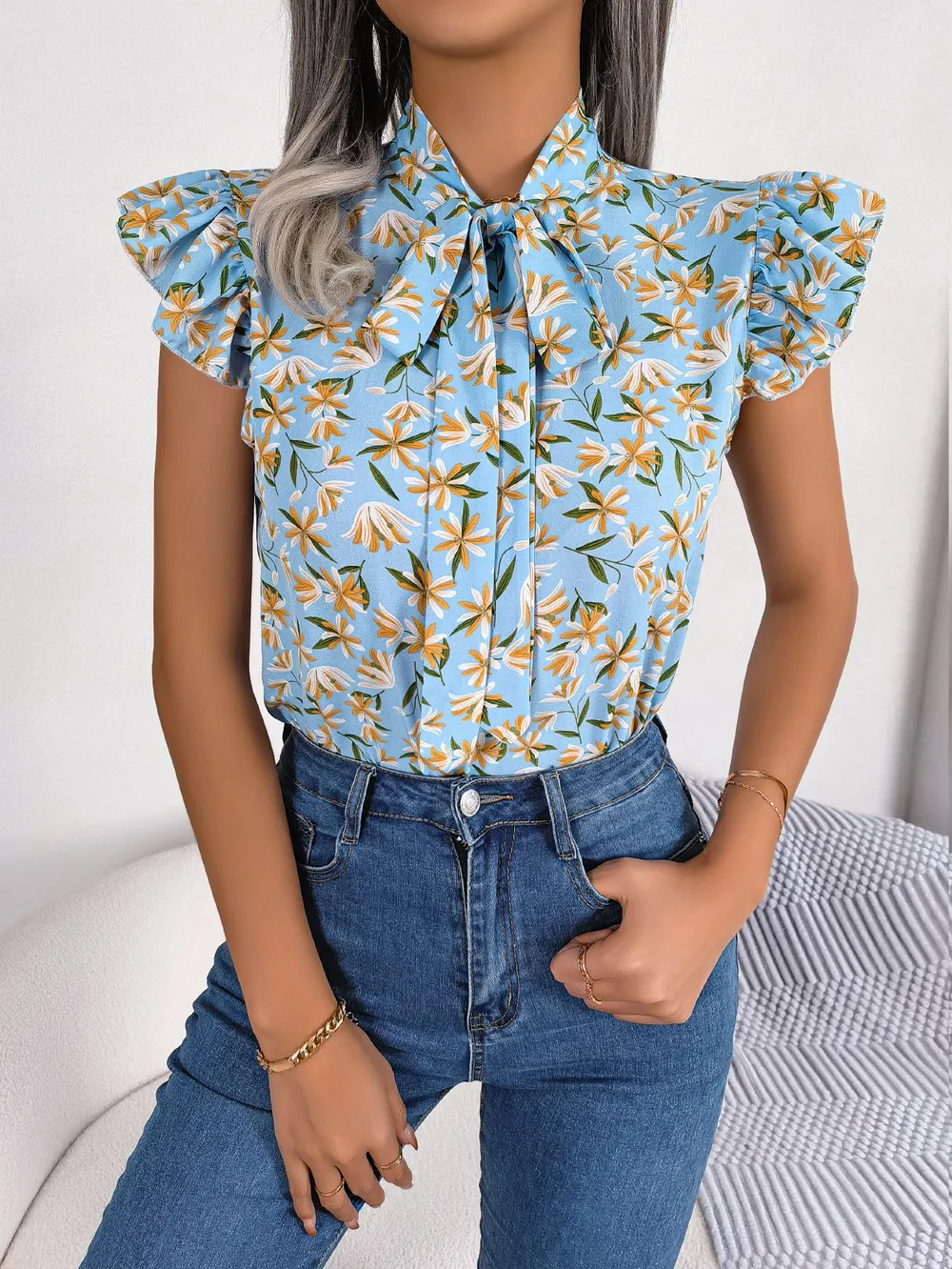 Floral Tie Neck Flutter Sleeve Blouse, image 3