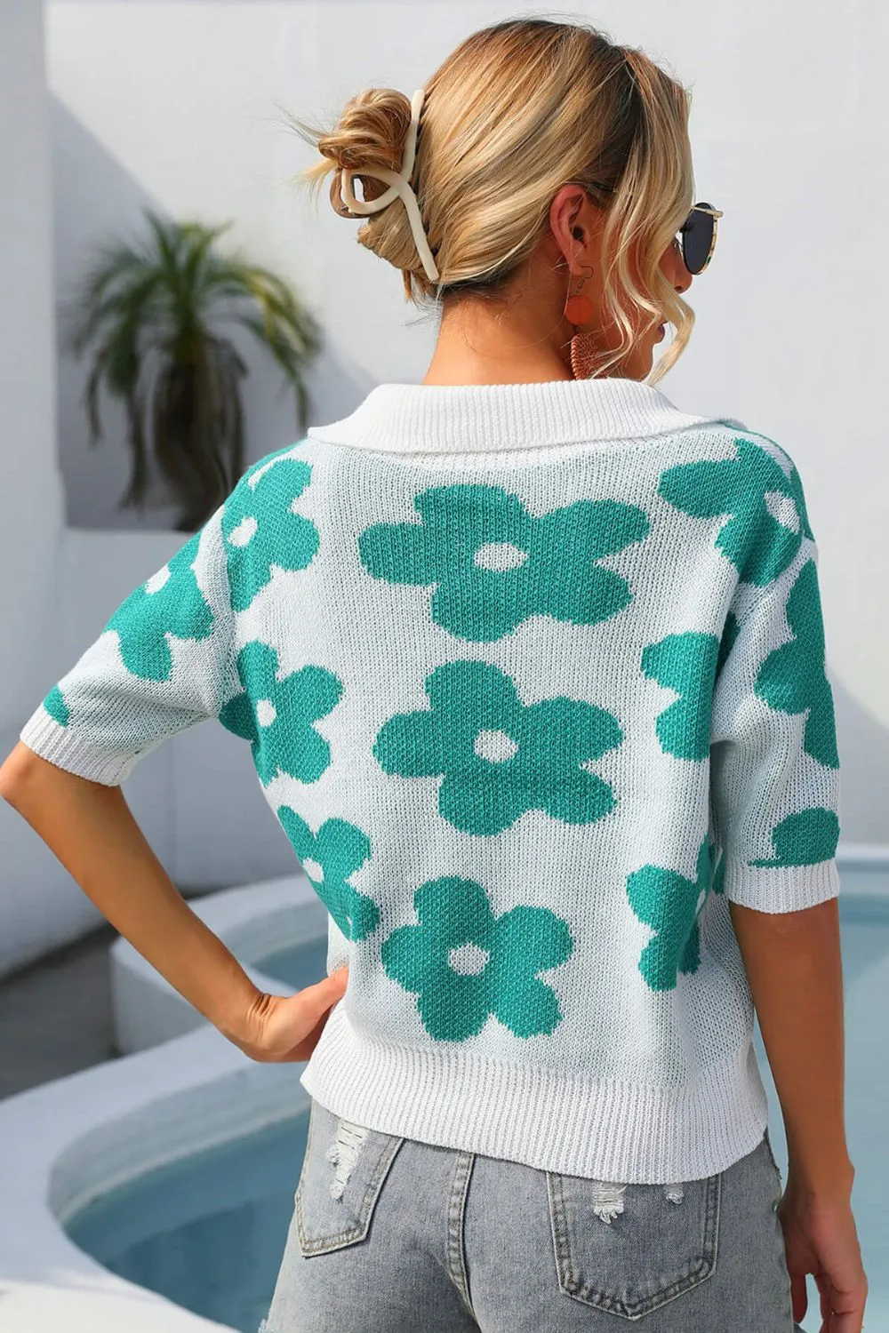 Floral Johnny Collar Half Sleeve Knit Top, image 3