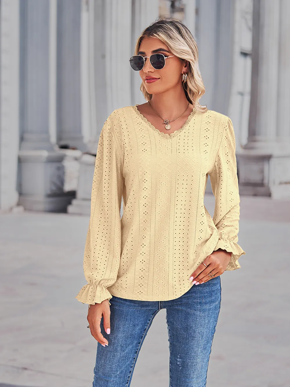Eyelet V-Neck Flounce Sleeve Blouse, image 2