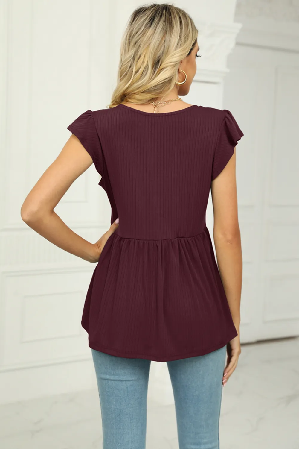 V-Neck Flutter Sleeve Babydoll Blouse, image 3