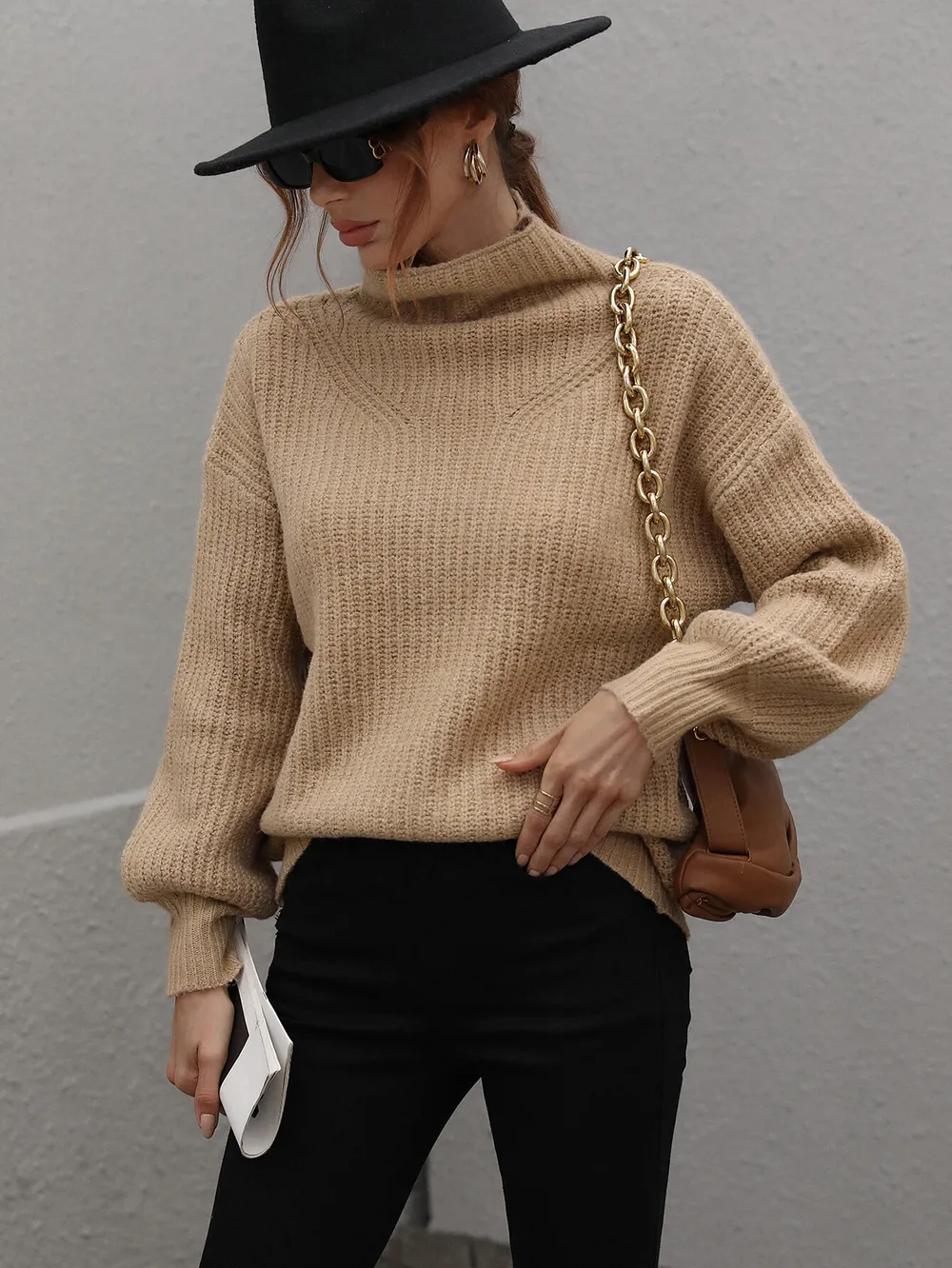 High Neck Balloon Sleeve Rib-Knit Pullover Sweater, image 7