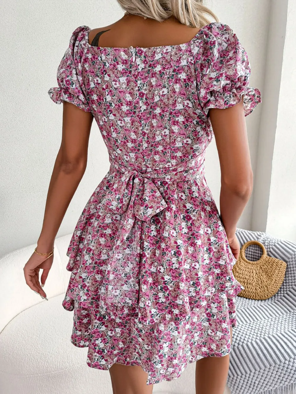 Floral Sweetheart Neck Flounce Sleeve Mini Dress, image 3