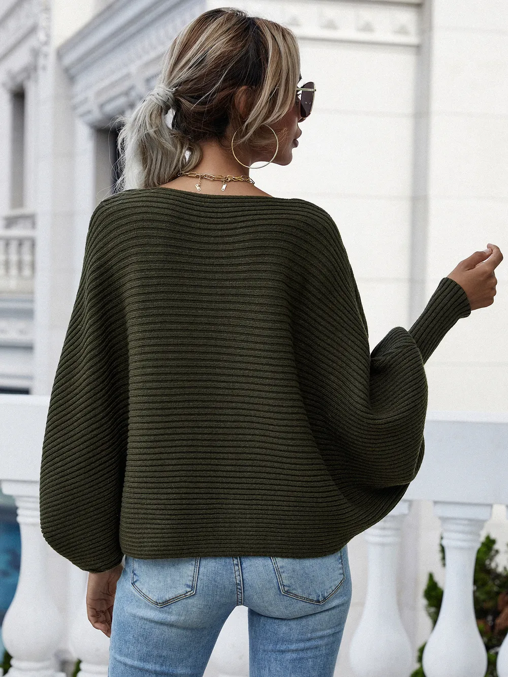 Horizontal Ribbing Dolman Sleeve Sweater, image 7