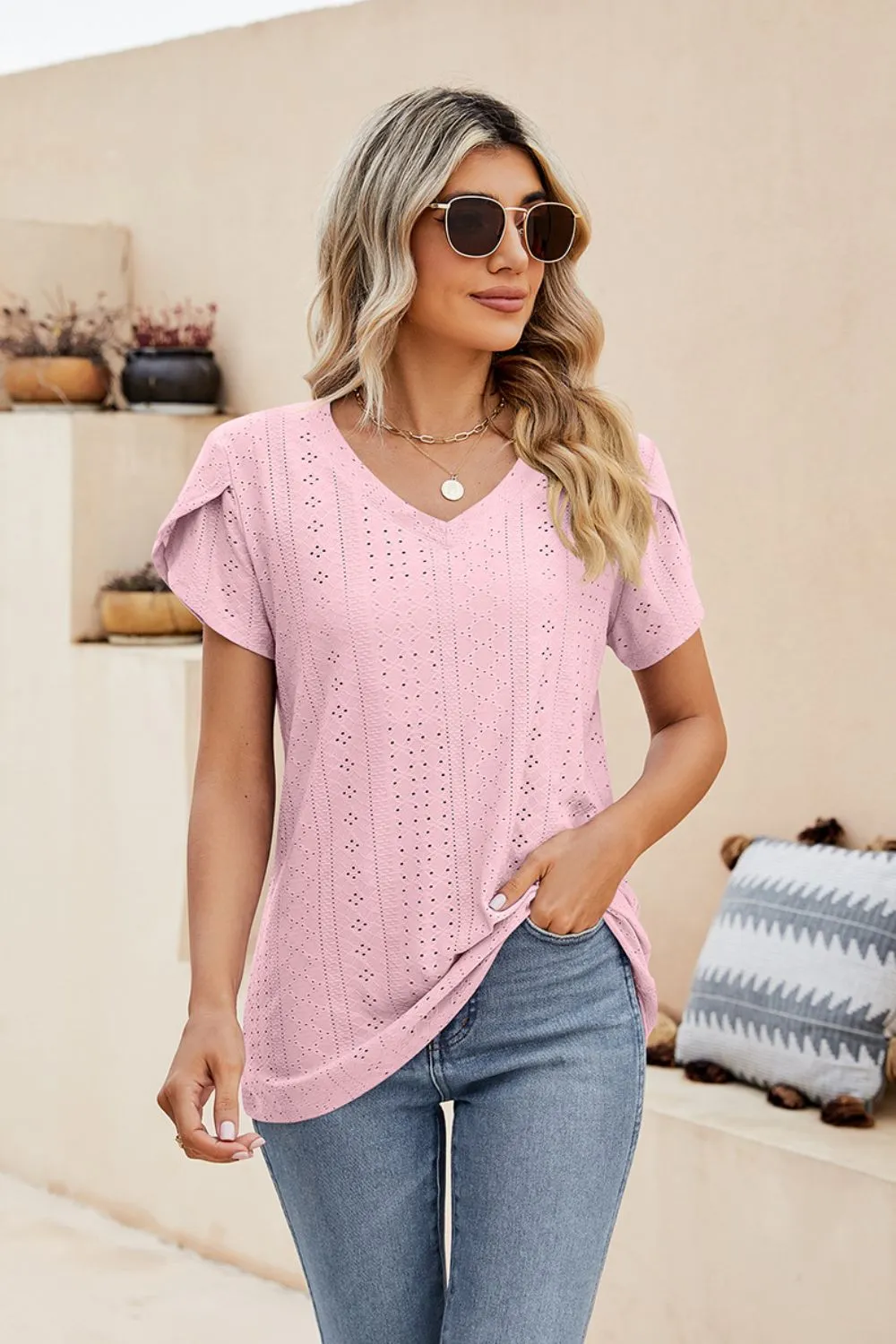 Eyelet Petal Sleeve V-Neck Knit Top, image 2