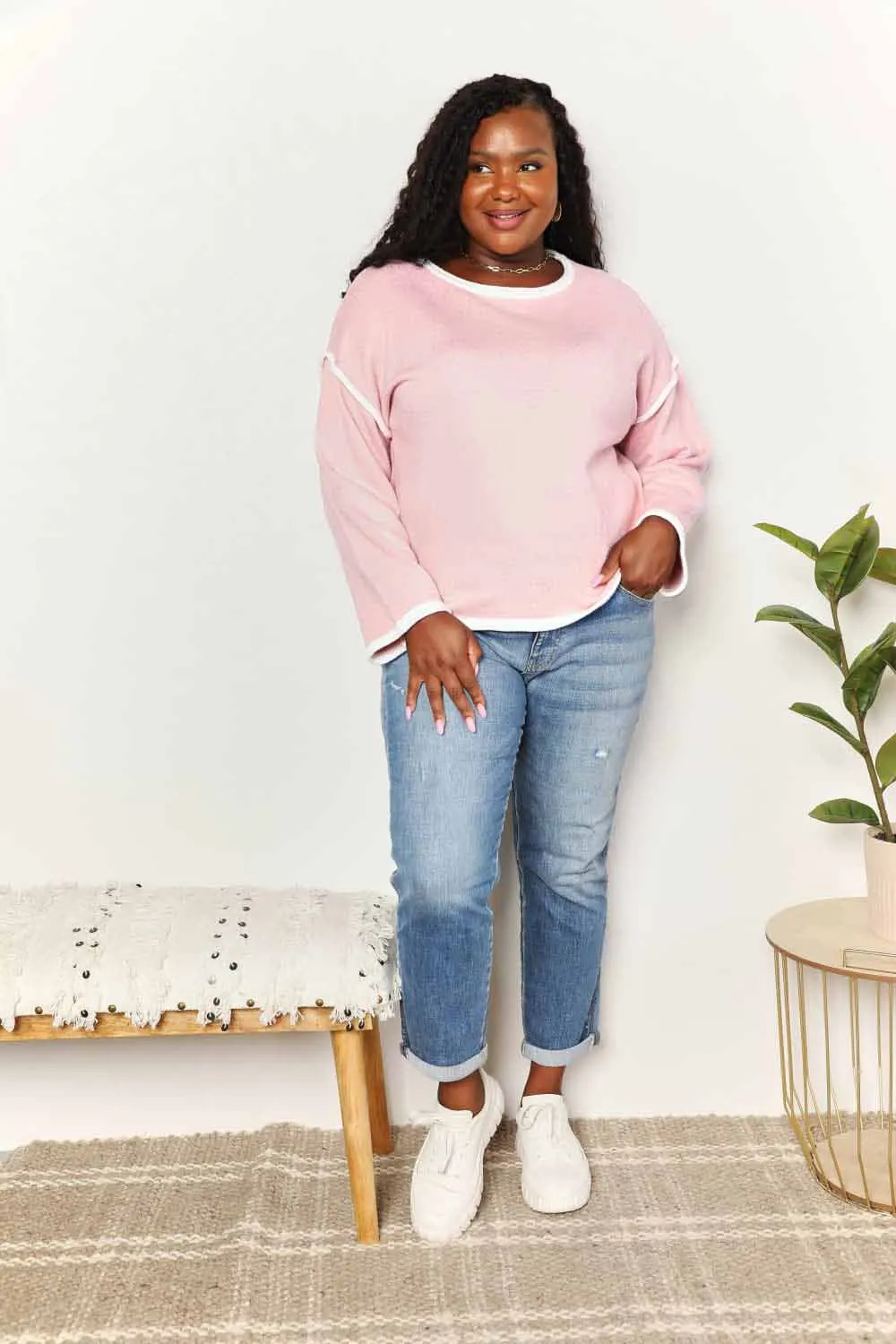 Contrast Detail Dropped Shoulder Knit Top, image 4