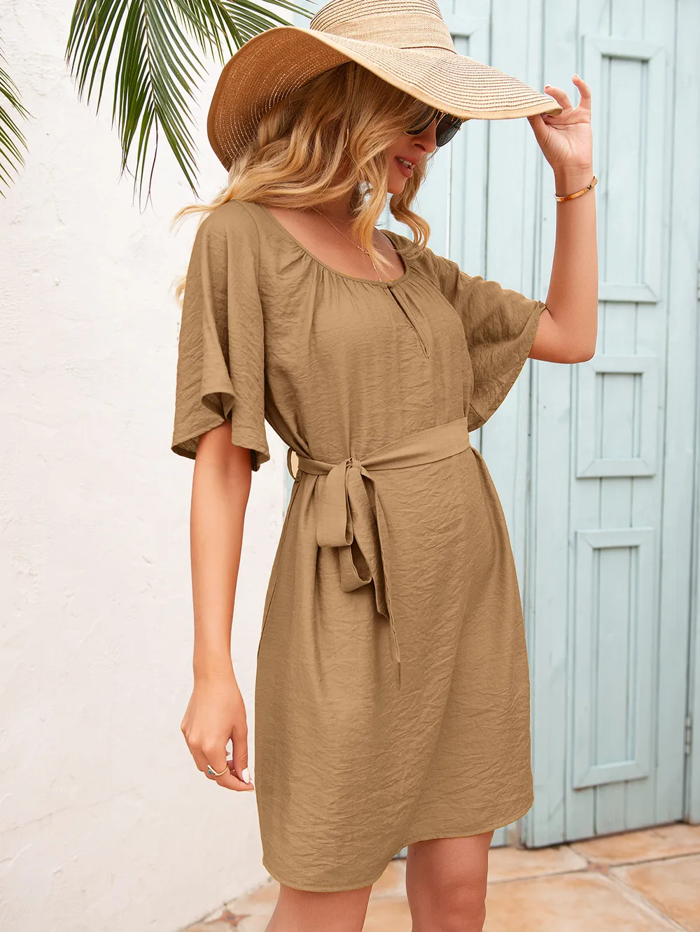 Tie Waist Flutter Sleeve Mini Dress, image 3