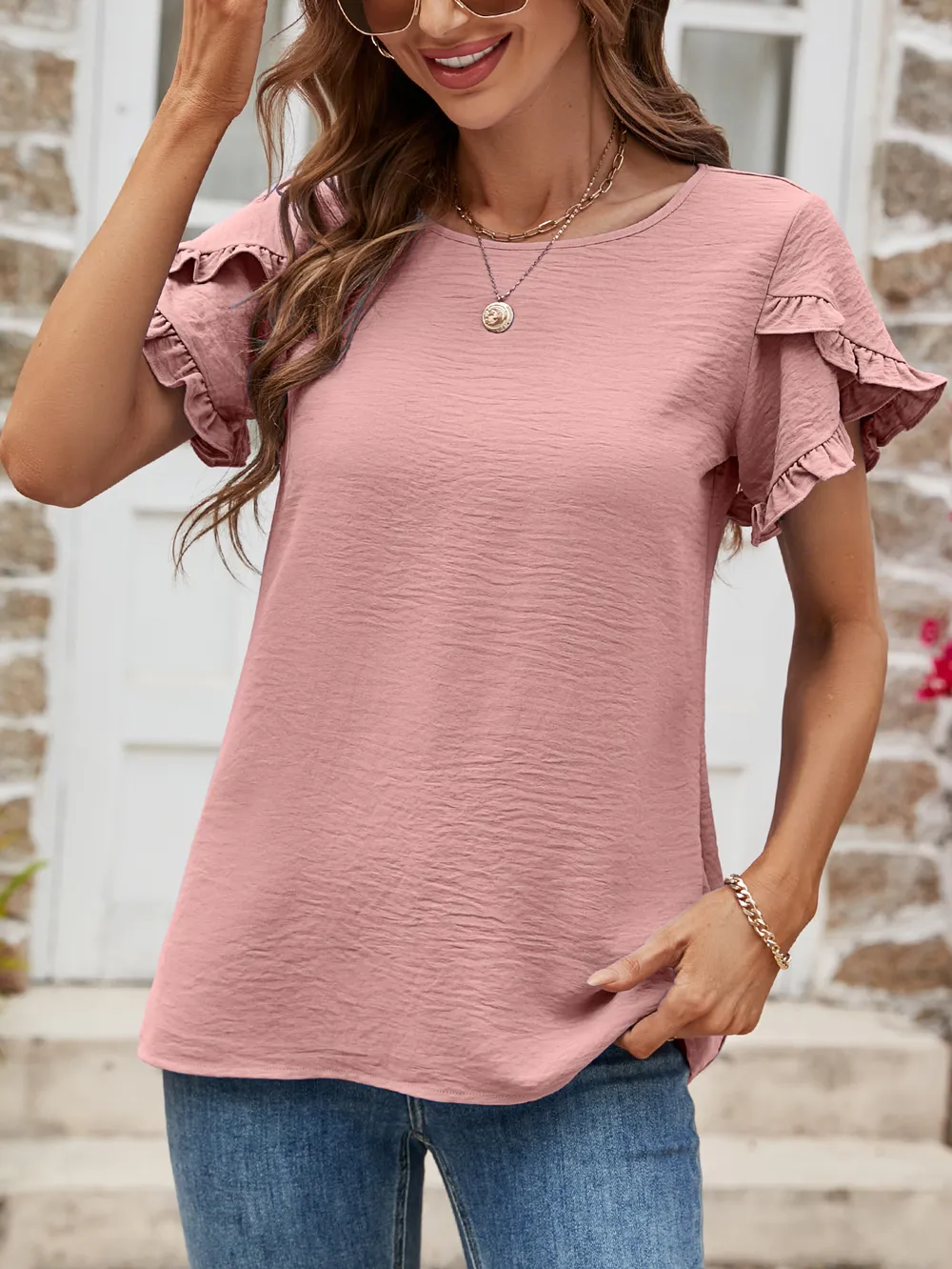 Textured Petal Sleeve Round Neck Tee, image 2