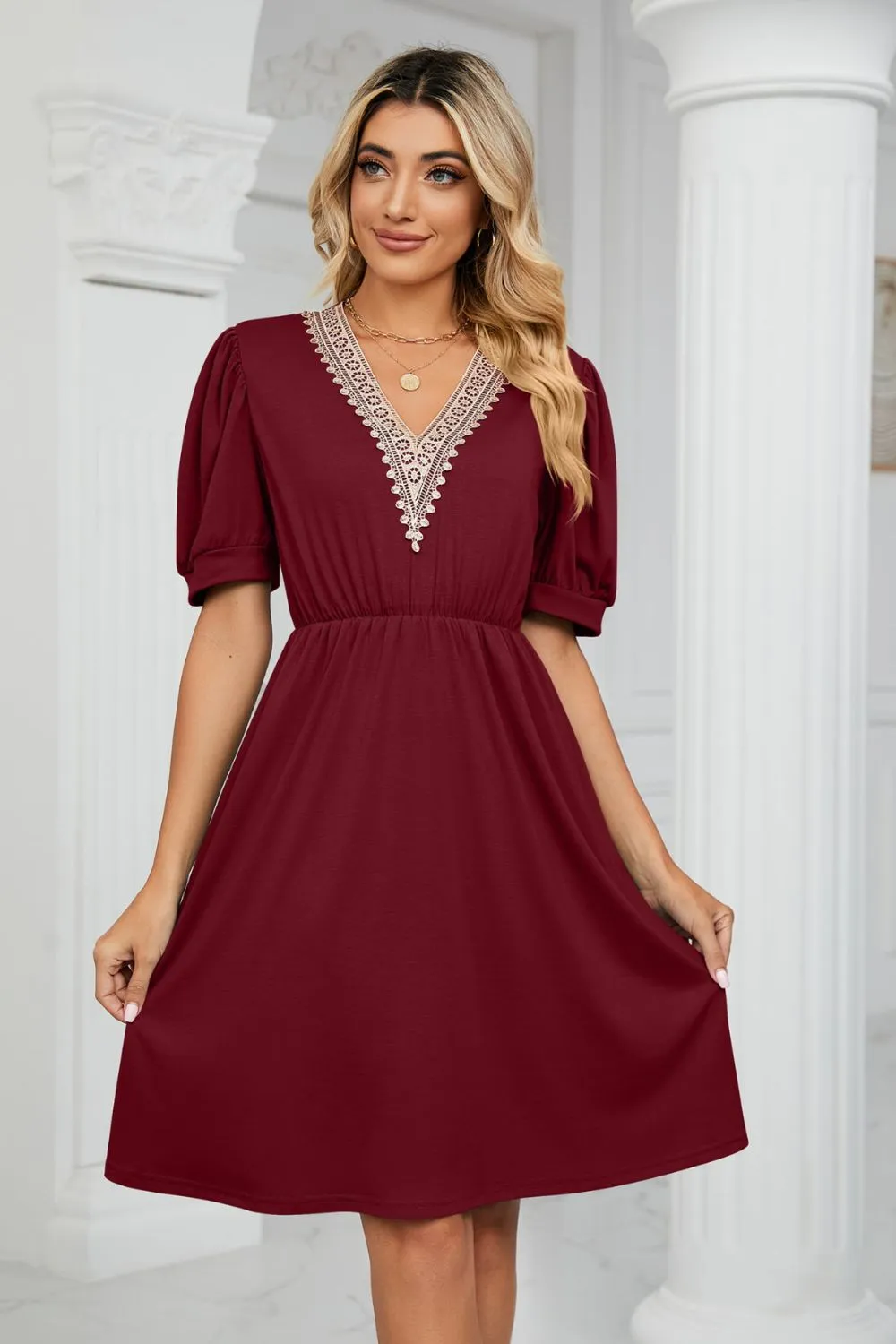 Contrast V-Neck Puff Sleeve Pocket Dress, image 17