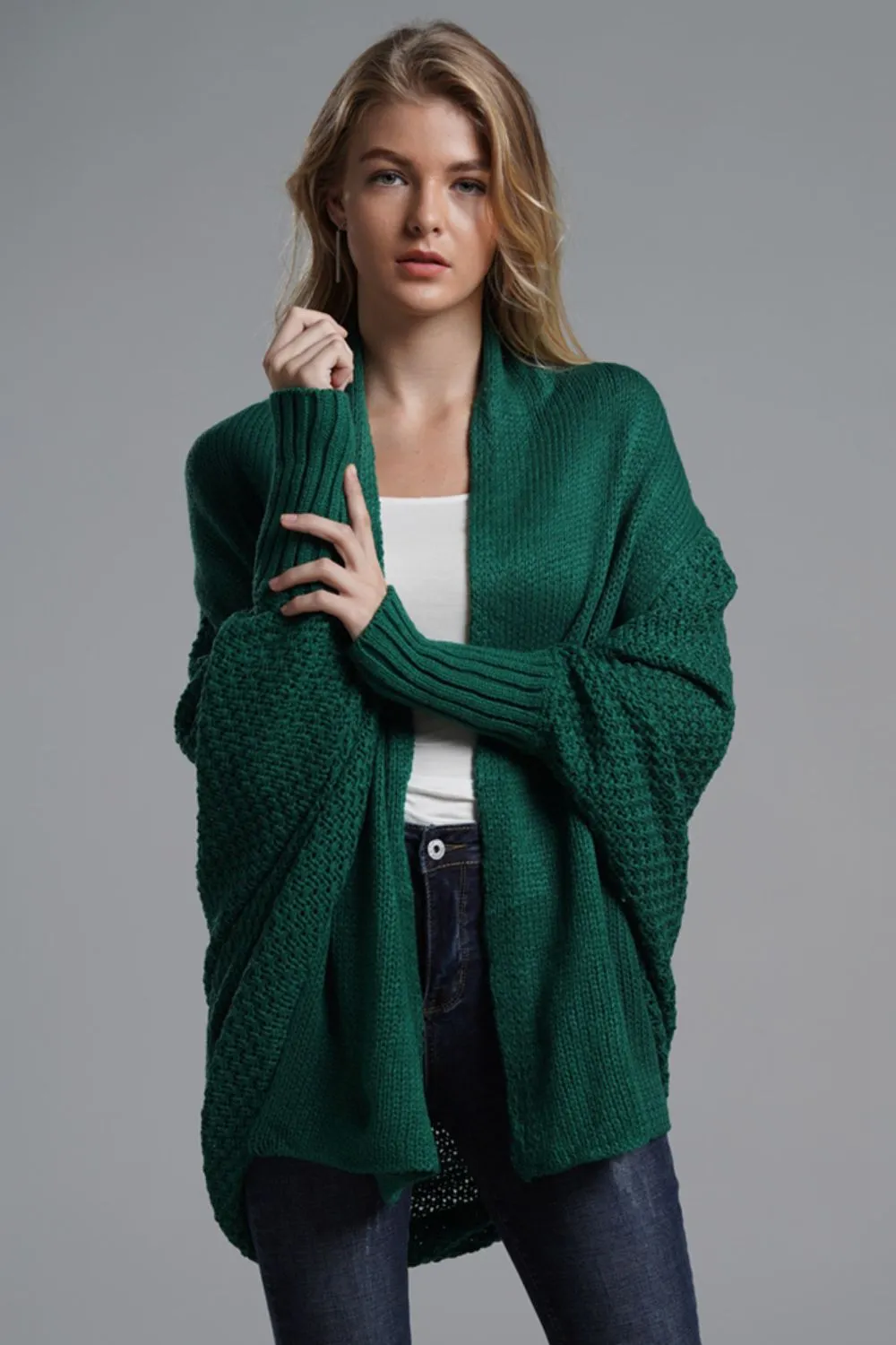 Dolman Sleeve Open Front Ribbed Trim Longline Cardigan, image 22