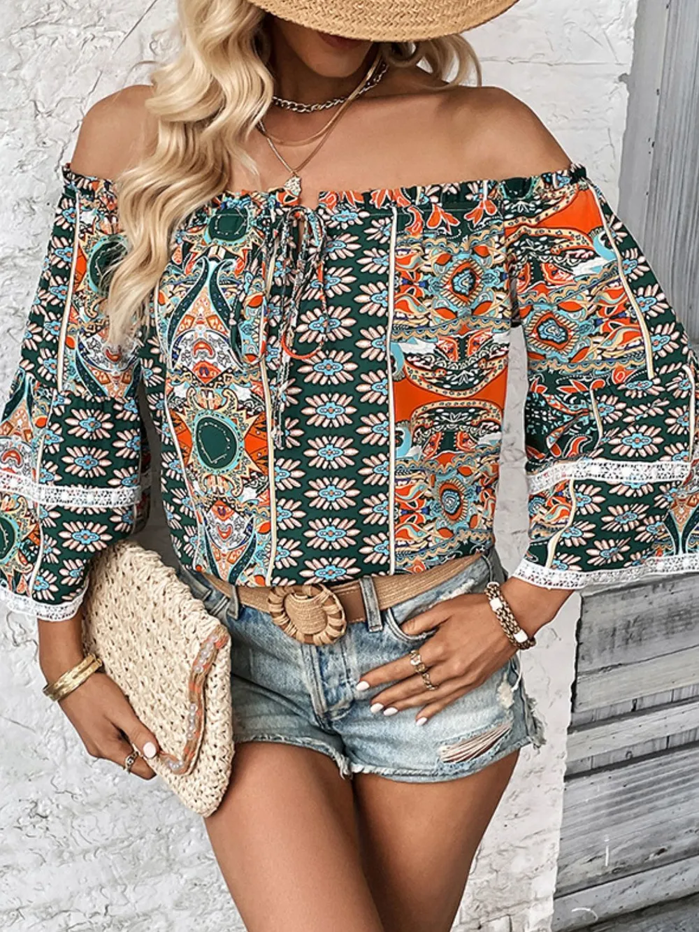 Printed Frill Trim Off-Shoulder Blouse, image 4