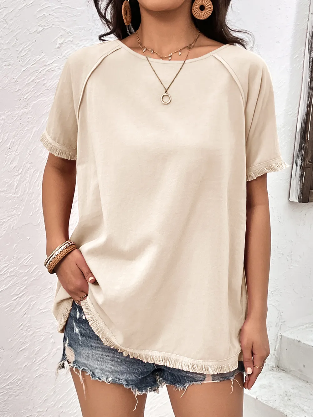Round Neck Raglan Sleeve Fringe Detail Top, image 3