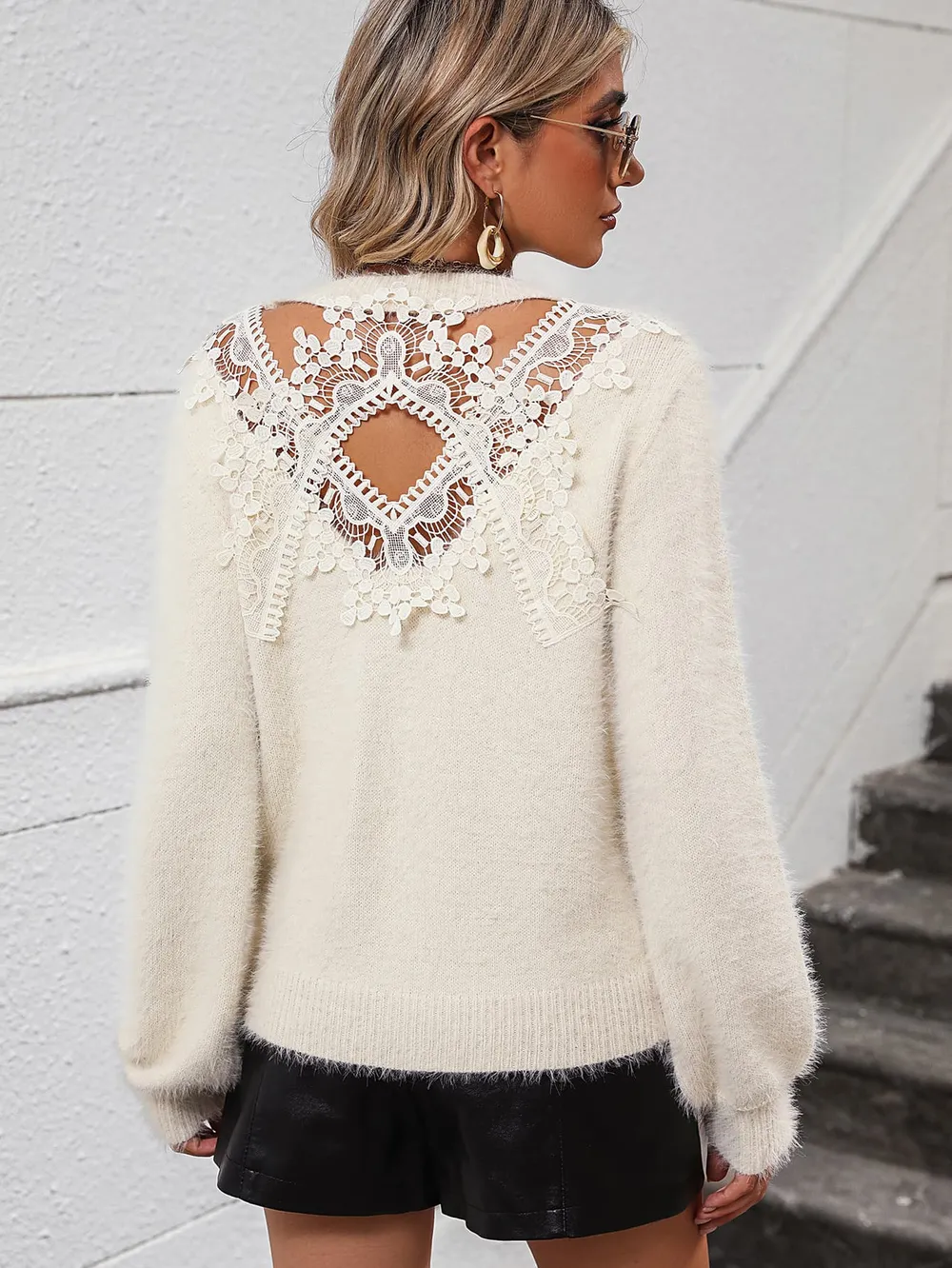 Lace Detail Cutout Long Sleeve Pullover Sweater, image 10