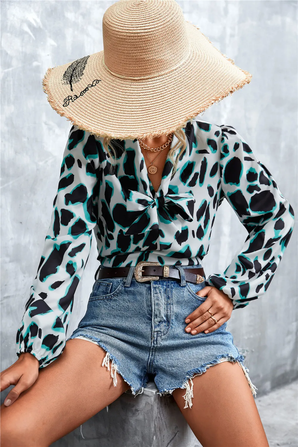 Printed Tie Neck Puff Sleeve Blouse, image 8