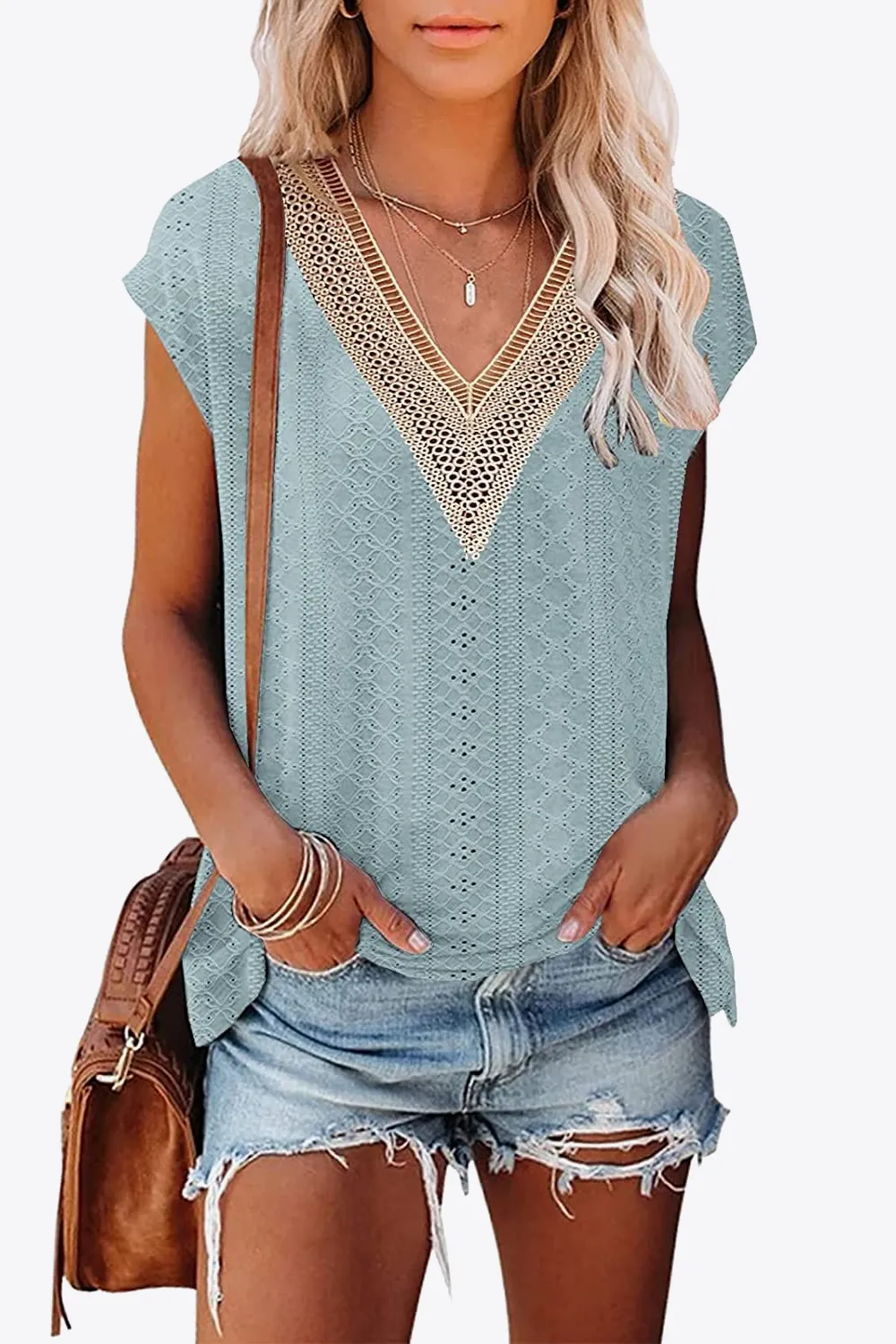 Eyelet Contrast V-Neck Tee, image 14
