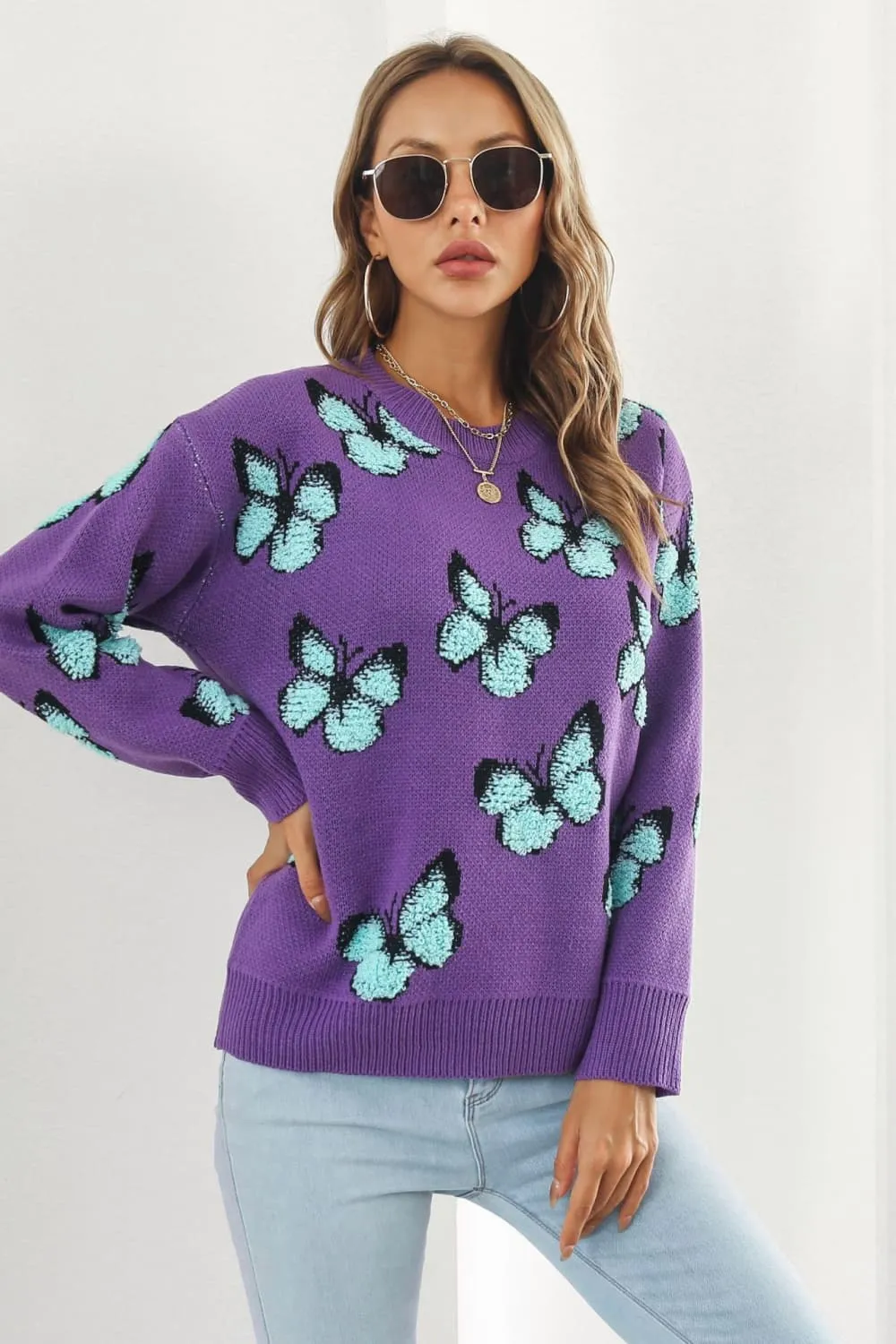 Butterfly Pattern Round Neck Dropped Shoulder Sweater, image 3