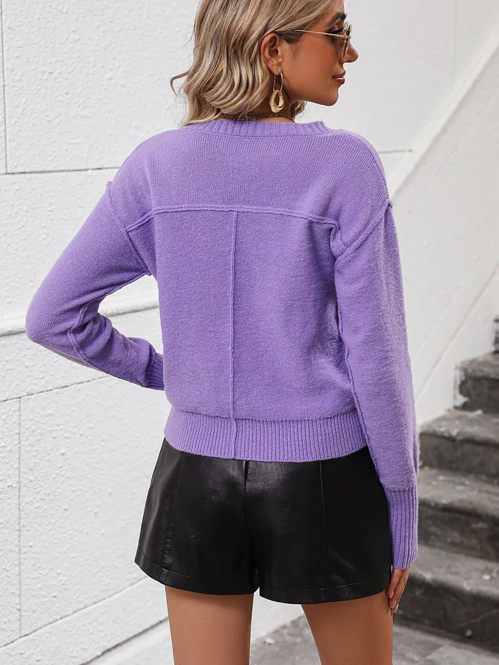 V-Neck Dropped Shoulder Long Sleeve Knit Top, image 3