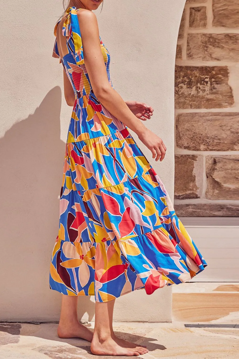 Floral Tie Shoulder Smocked Tiered Dress, image 2