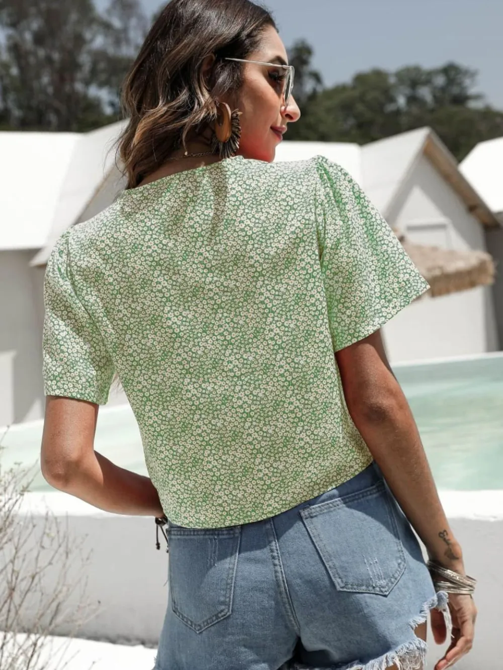 Floral Drawstring Deep V Cropped Blouse, image 2