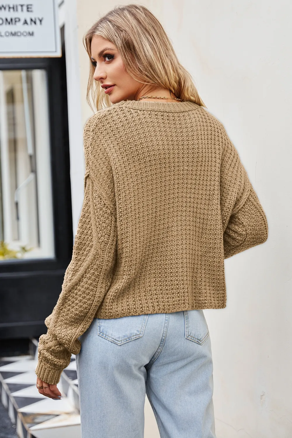 Cable-Knit Round Neck Dropped Shoulder Sweater, image 2