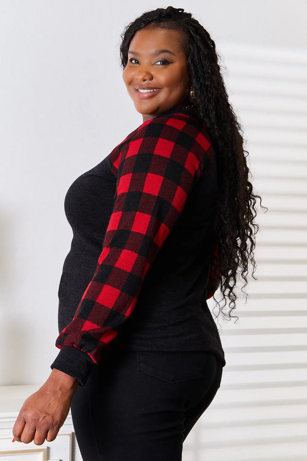 Full Size Sequin Reindeer Graphic Plaid Top, image 6