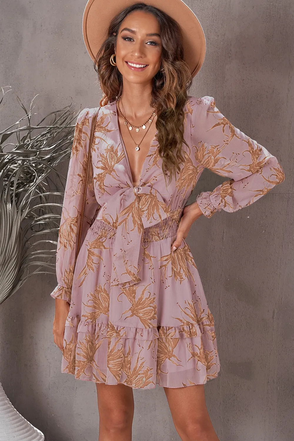 Floral Deep V Flounce Sleeve Mini Dress, image 2