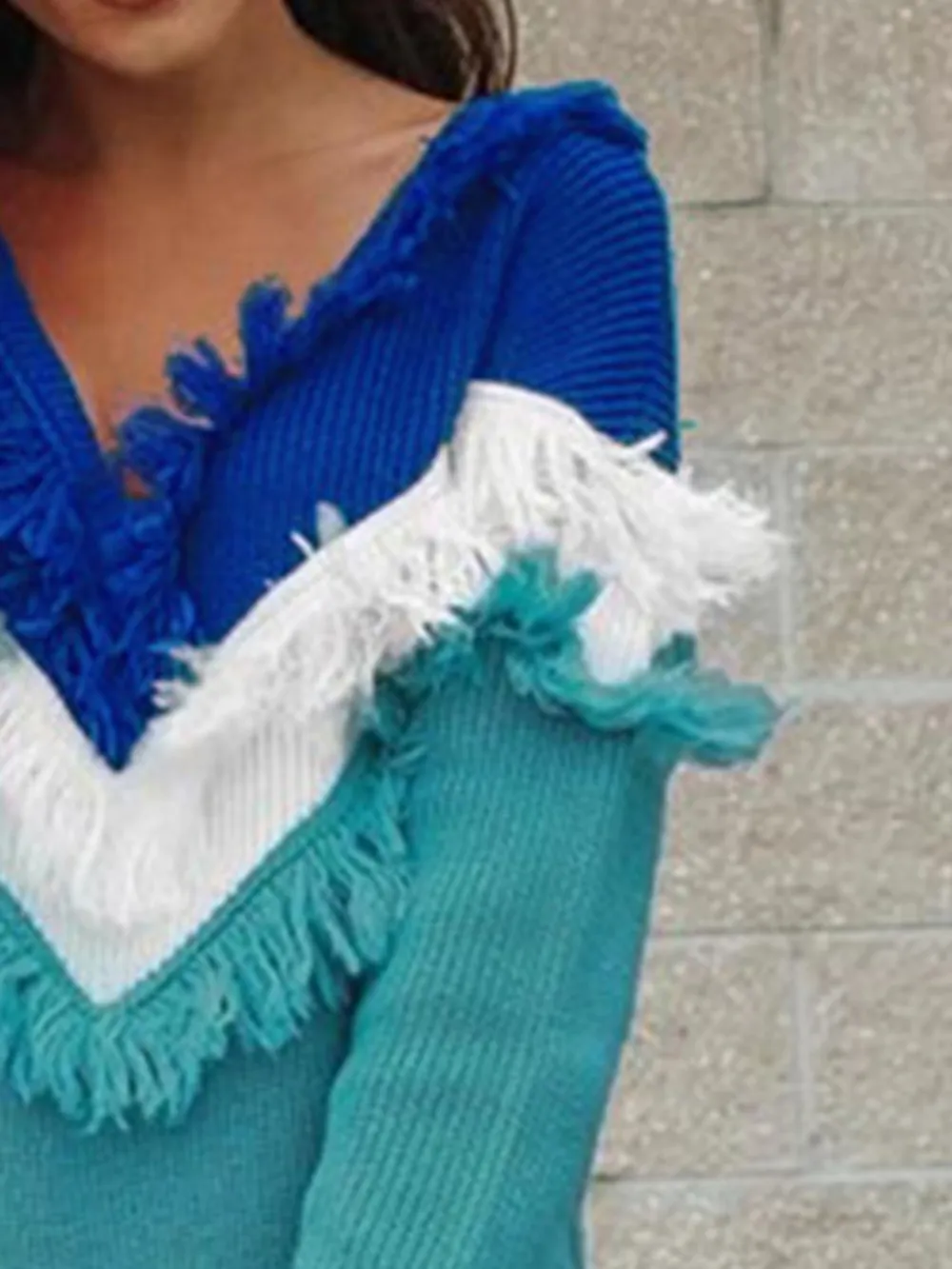 Color Block Fringed V-Neck Sweater, image 2