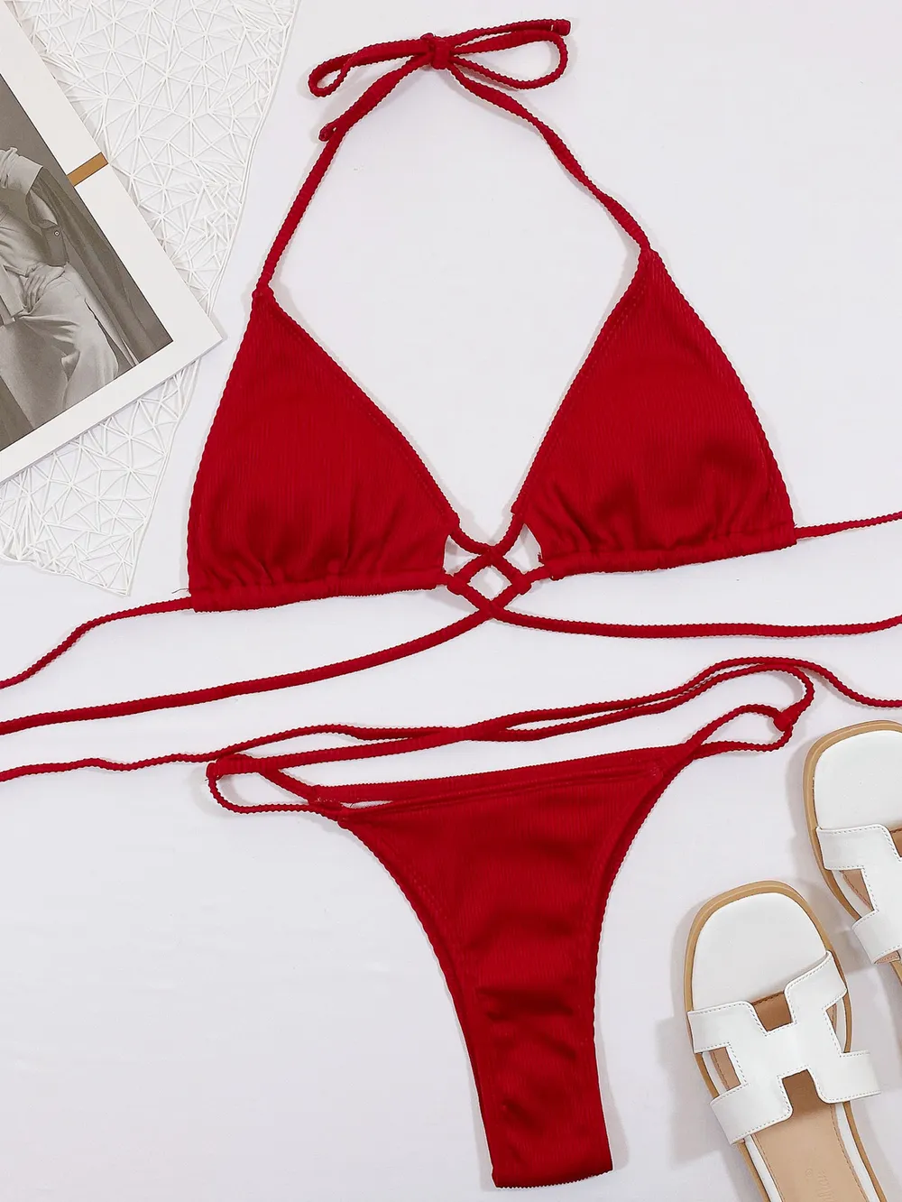 Halter Neck Crisscross Ribbed Bikini Set, image 4